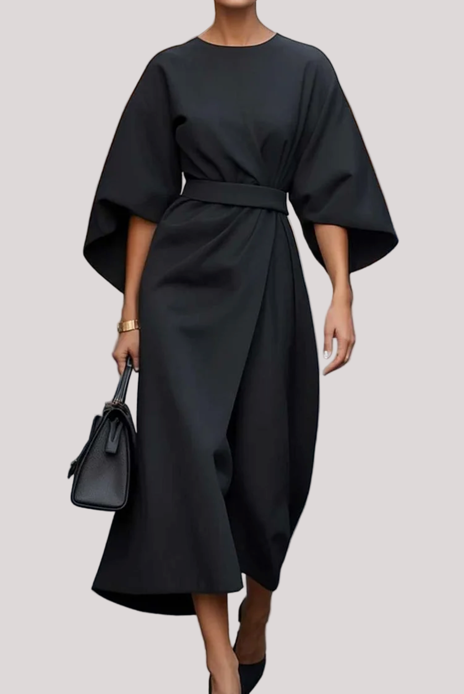 Women’s Belted Flare Sleeve Midi Dress