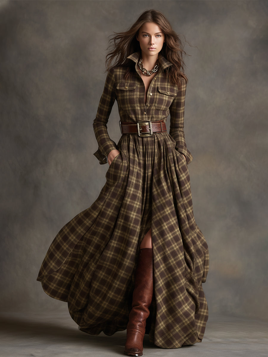 Women’s Plaid Shirt Dress Long Sleeve Maxi
