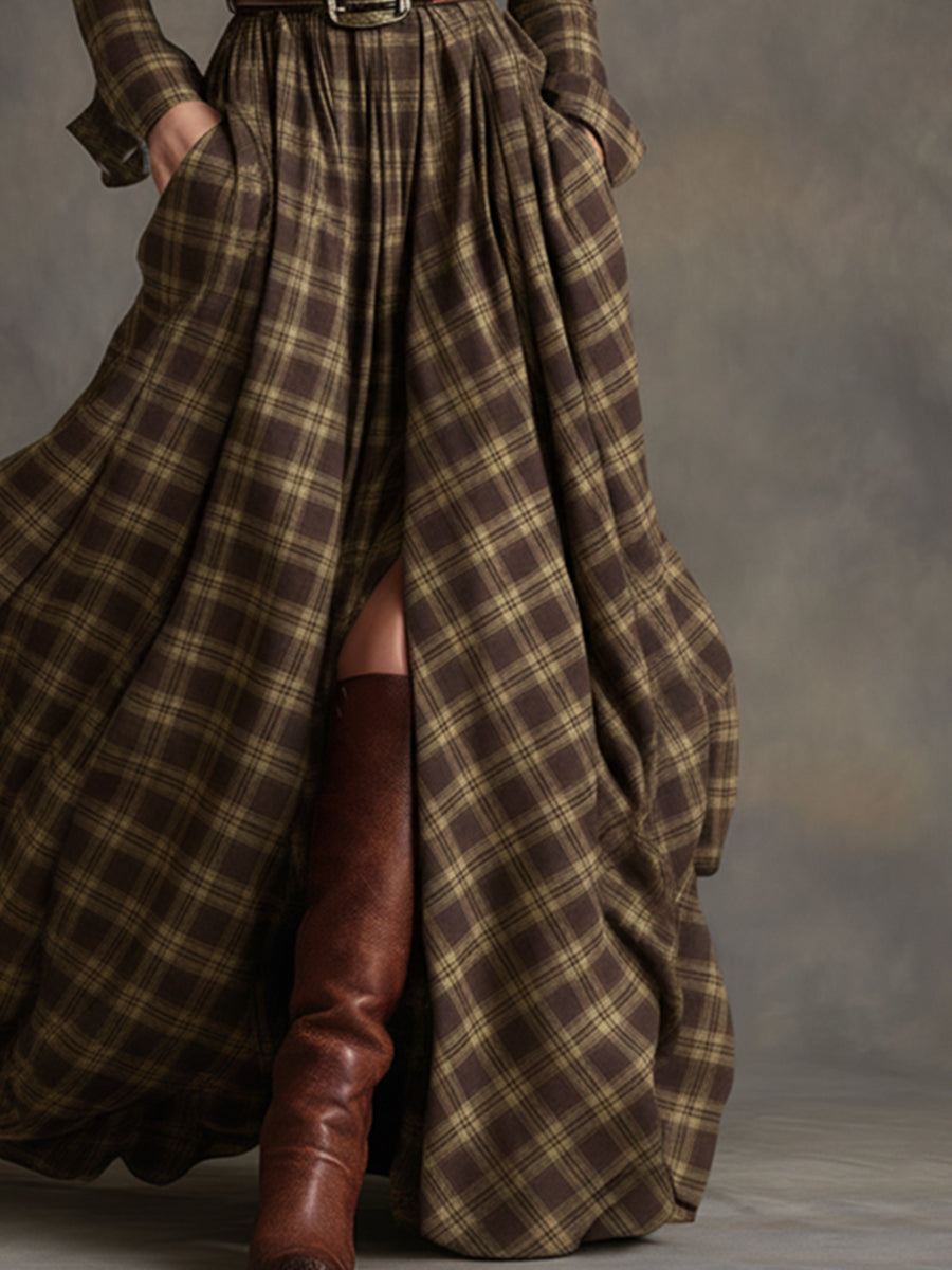 Women’s Plaid Shirt Dress Long Sleeve Maxi