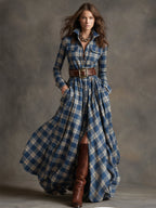 Women’s Plaid Shirt Dress Long Sleeve Maxi