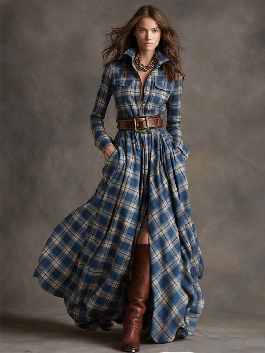 Women’s Plaid Shirt Dress Long Sleeve Maxi