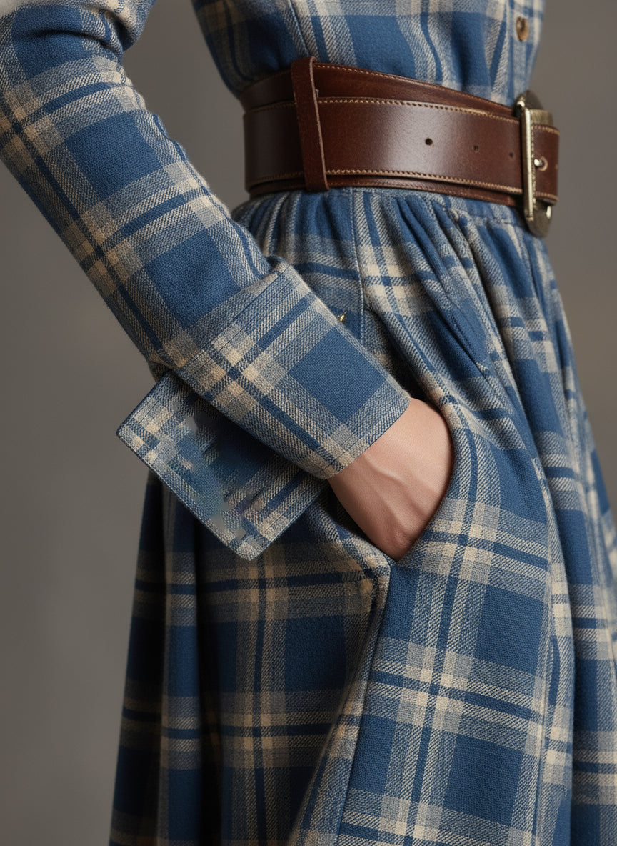 Women’s Plaid Shirt Dress Long Sleeve Maxi