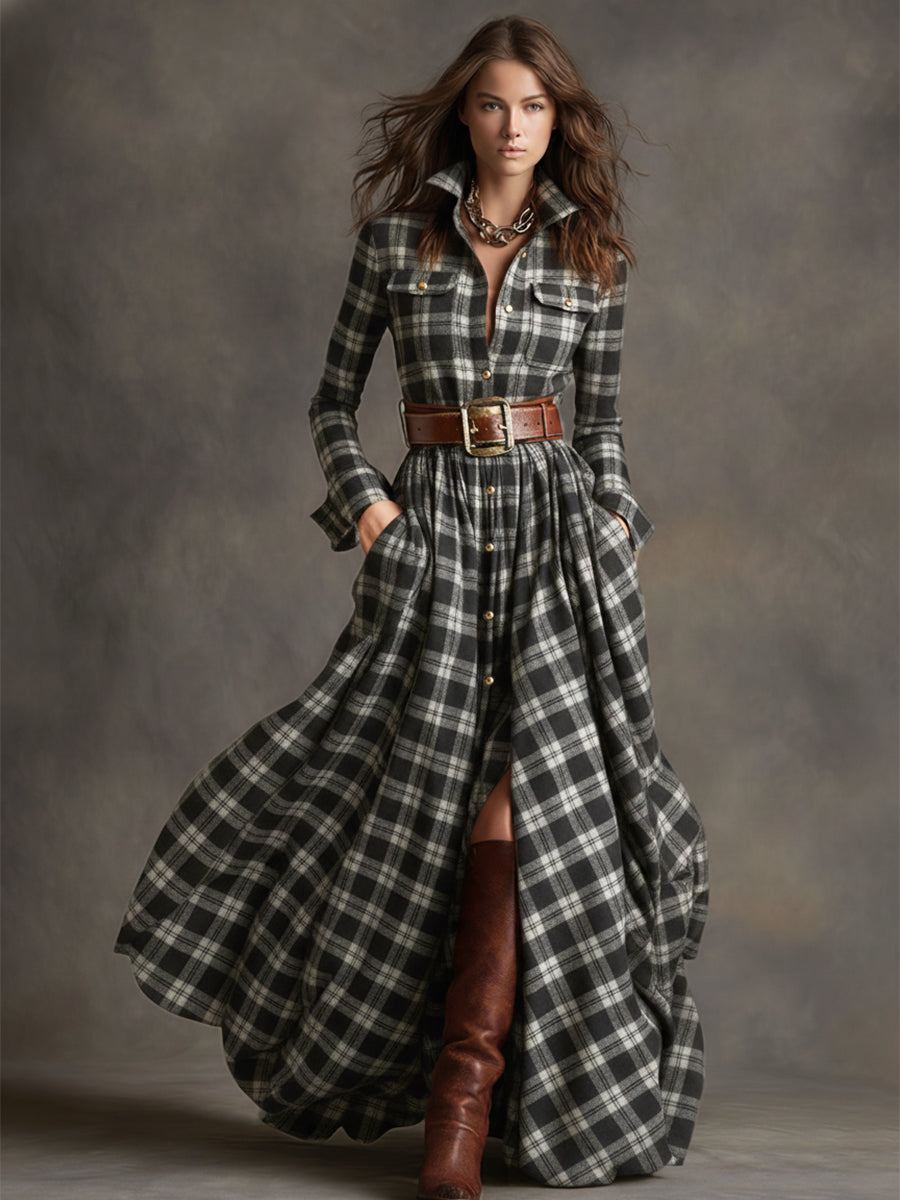 Women’s Plaid Shirt Dress Long Sleeve Maxi