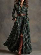 Women’s Plaid Shirt Dress Long Sleeve Maxi