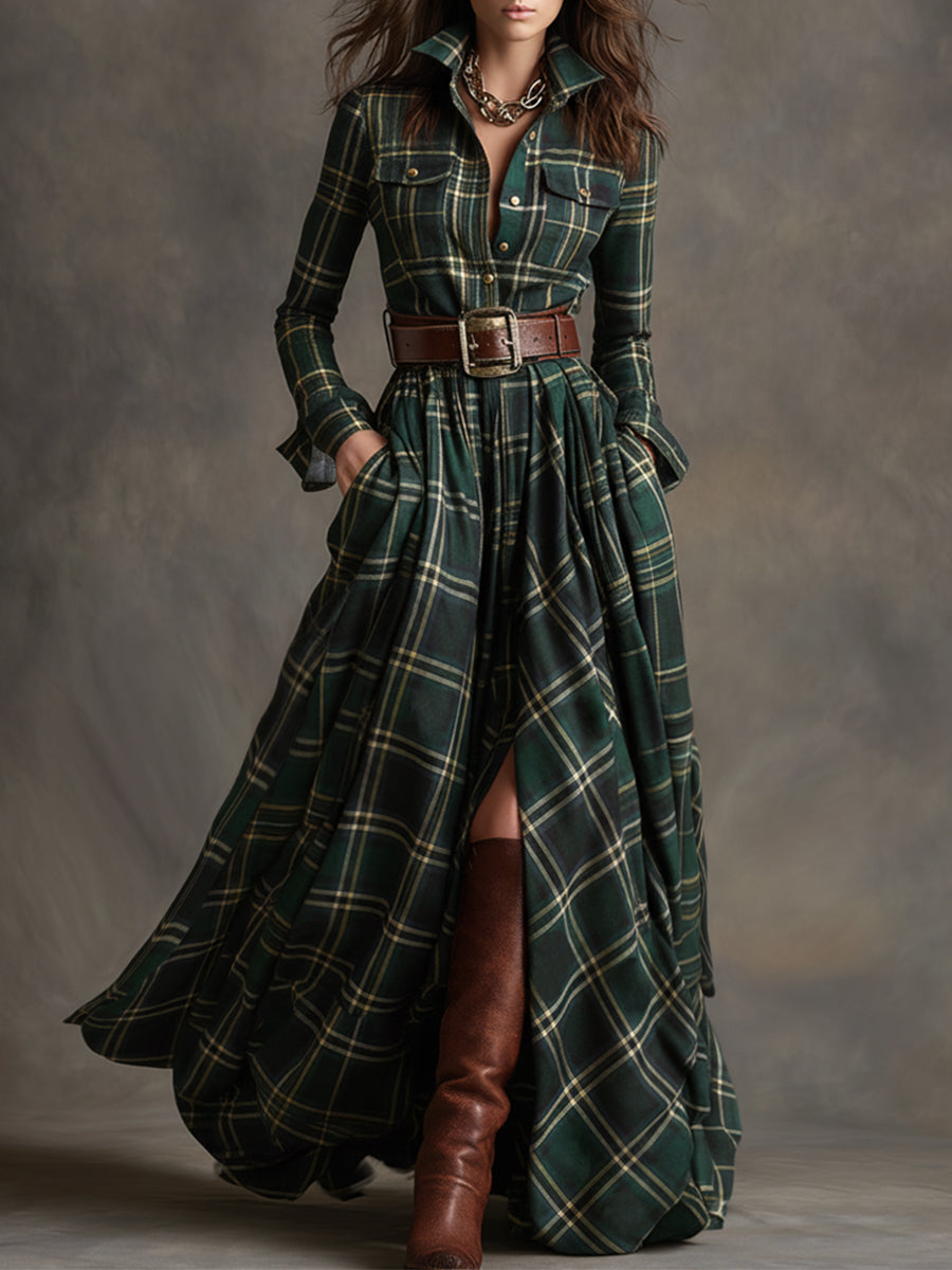 Women’s Plaid Shirt Dress Long Sleeve Maxi