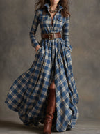 Women’s Plaid Shirt Dress Long Sleeve Maxi