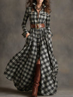 Women’s Plaid Shirt Dress Long Sleeve Maxi