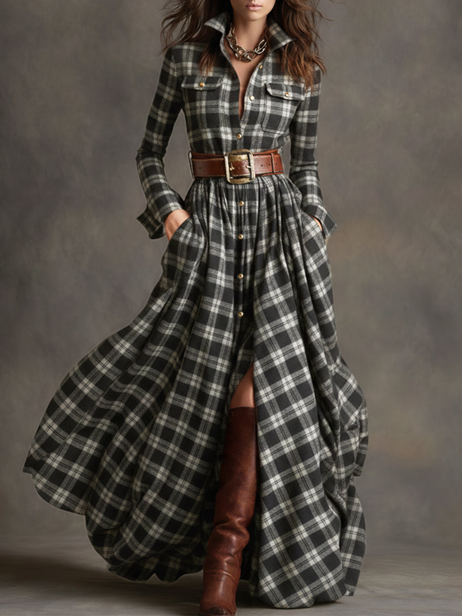 Women’s Plaid Shirt Dress Long Sleeve Maxi
