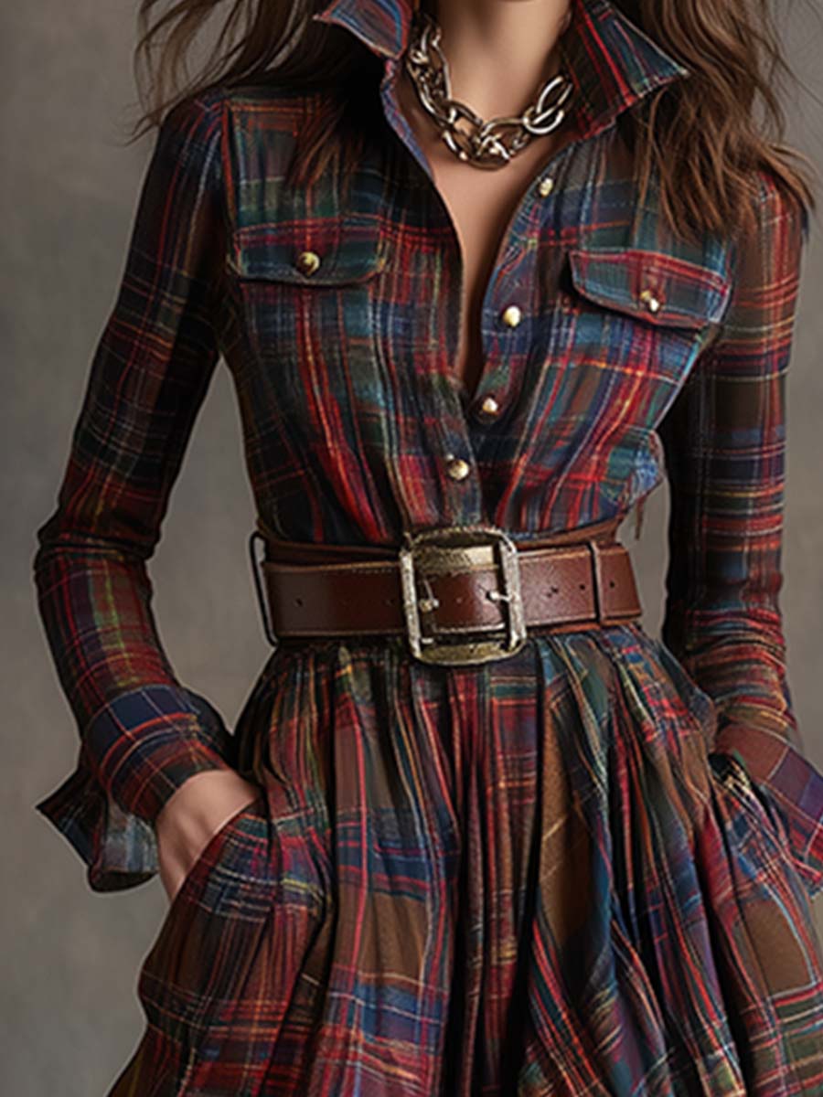 Women’s Plaid Shirt Dress Long Sleeve Maxi