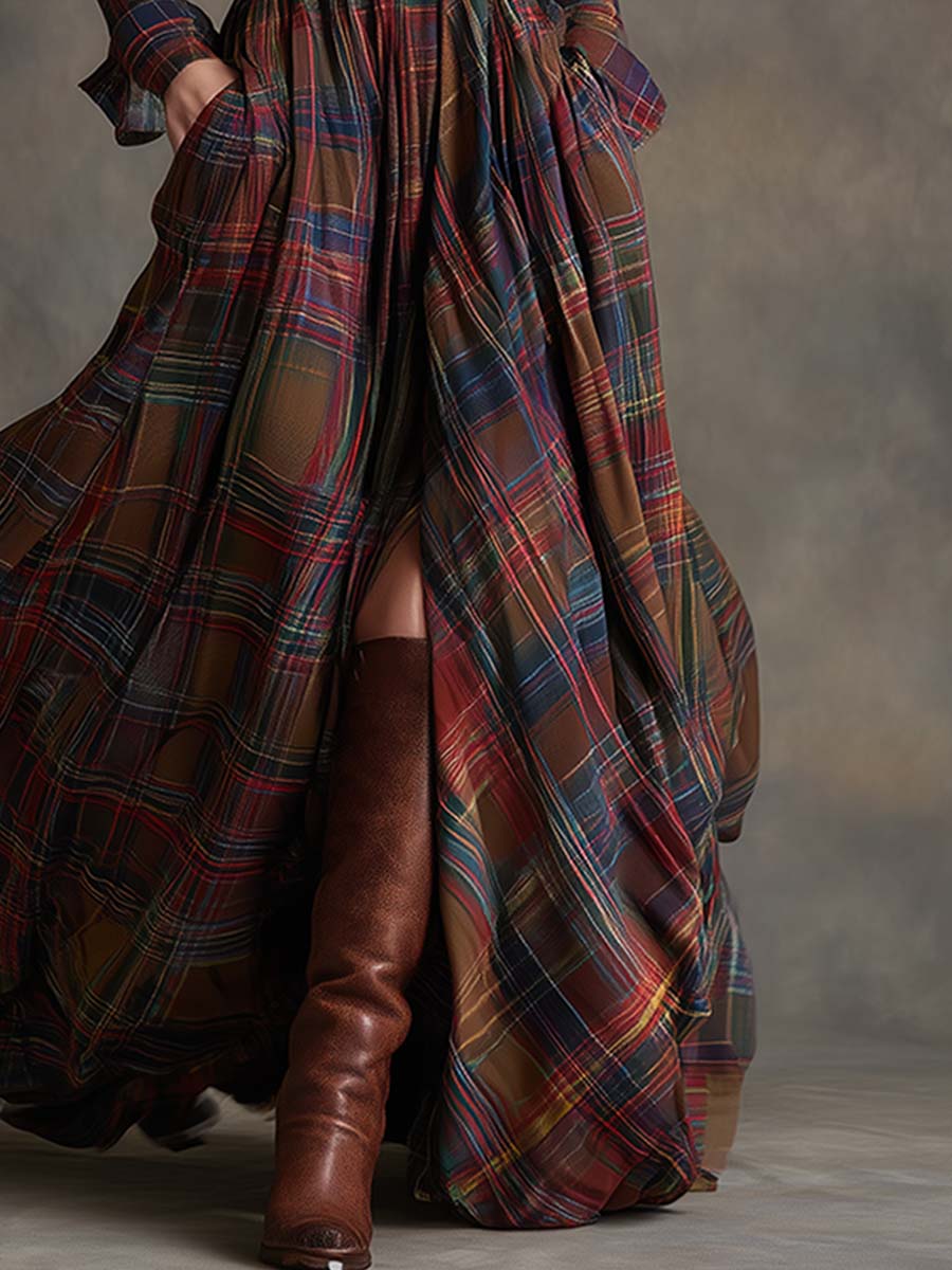 Women’s Plaid Shirt Dress Long Sleeve Maxi