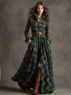 Women’s Plaid Shirt Dress Long Sleeve Maxi