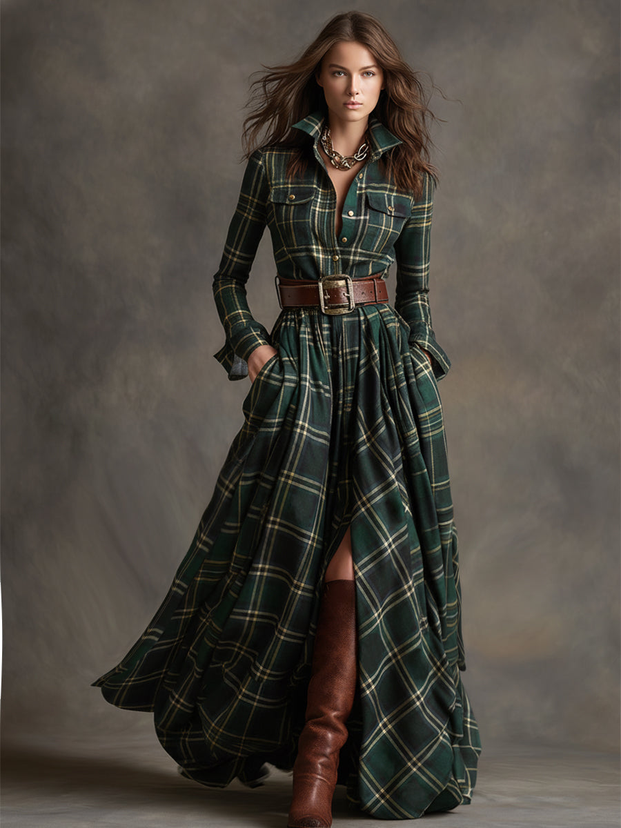 Women’s Plaid Shirt Dress Long Sleeve Maxi