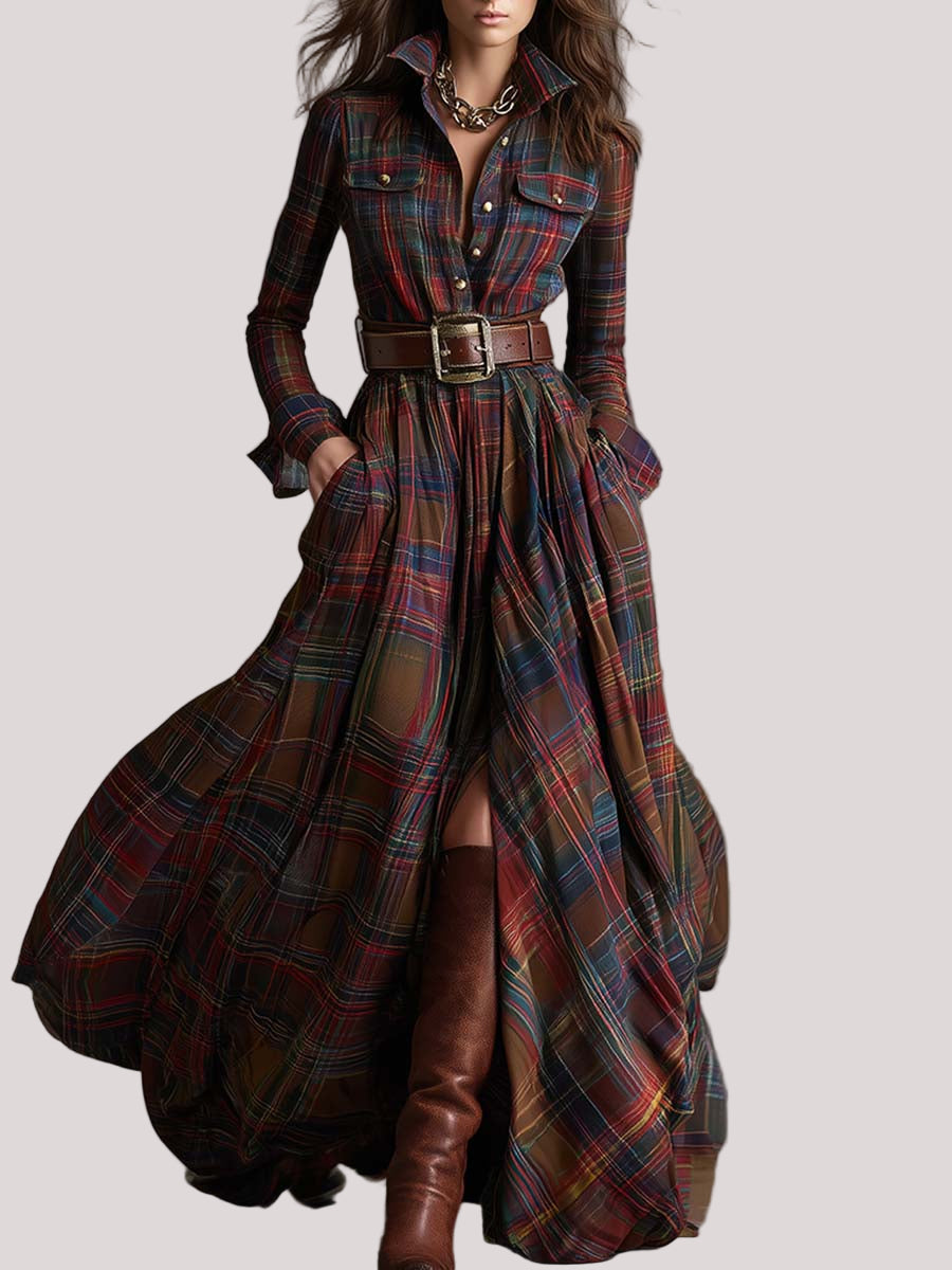 Women’s Plaid Shirt Dress Long Sleeve Maxi