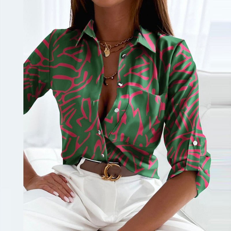 Women’s Printed V Neck Long Sleeve Blouse