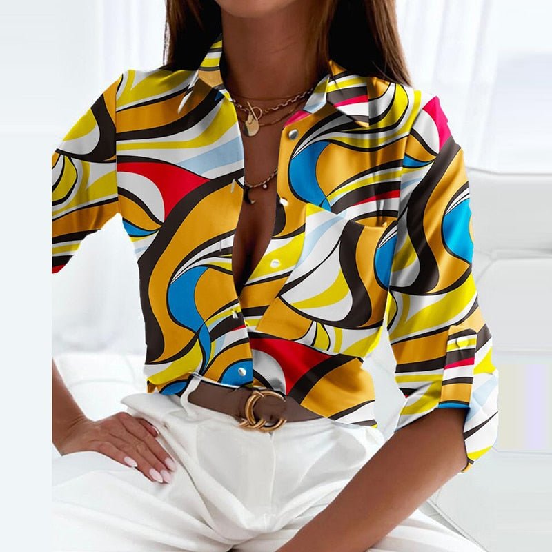 Women’s Printed V Neck Long Sleeve Blouse