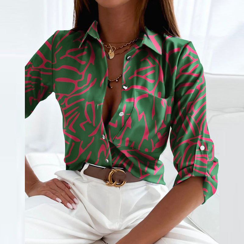 Women’s Printed V Neck Long Sleeve Blouse