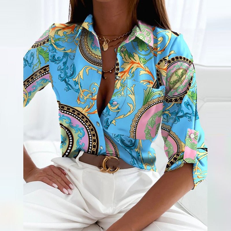 Women’s Printed V Neck Long Sleeve Blouse