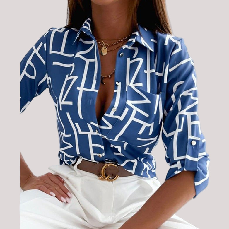 Women’s Printed V Neck Long Sleeve Blouse