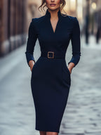 Women’s V Neck Belted Dress Midi