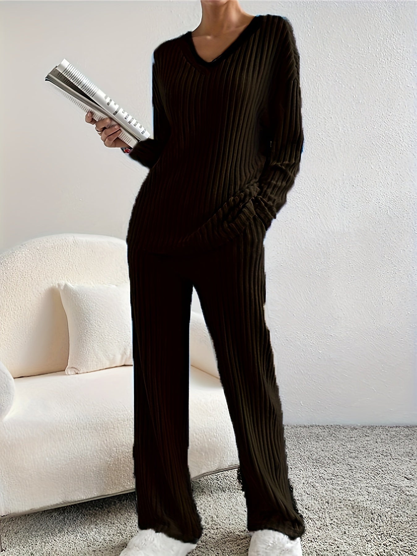 Women’s V Neck Lounge Set Long Sleeve